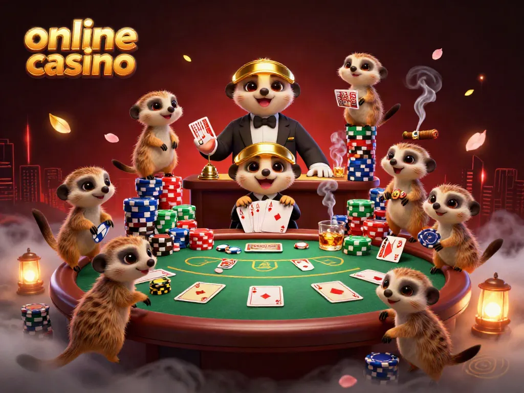 Experience the vibrant action of an online casino with meerkats running a dynamic card game.