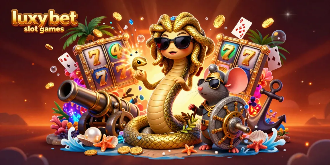 Experience exciting luxy bet slot games with this vibrant 3D illustration featuring whimsical characters and dynamic casino elements.