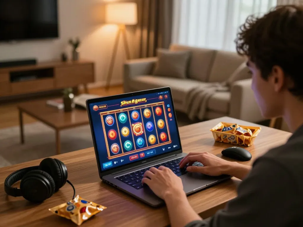 Situs slot gacor gameplay dengan animasi cerah di laptop, dalam suasana rumah yang nyaman.