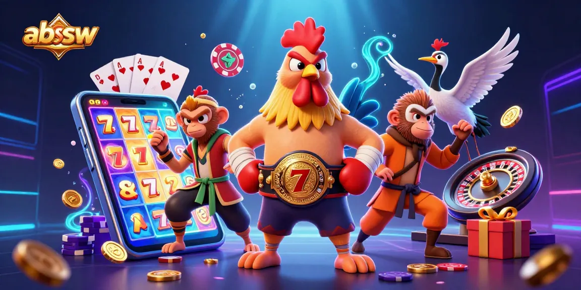 Experience thrilling slots with abssw's vibrant 3D casino illustration showcasing martial arts characters.