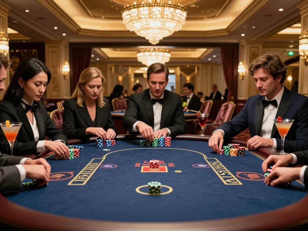 cm88 poker players strategizing at an upscale gaming table, showcasing elite gambling excitement