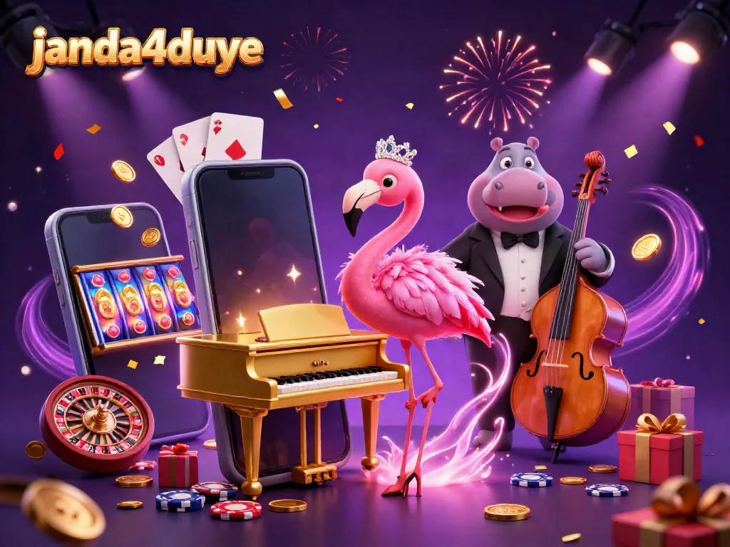 Permainan tarik janda4duye dengan karakter flamingo menyanyi di kasino penuh warna.