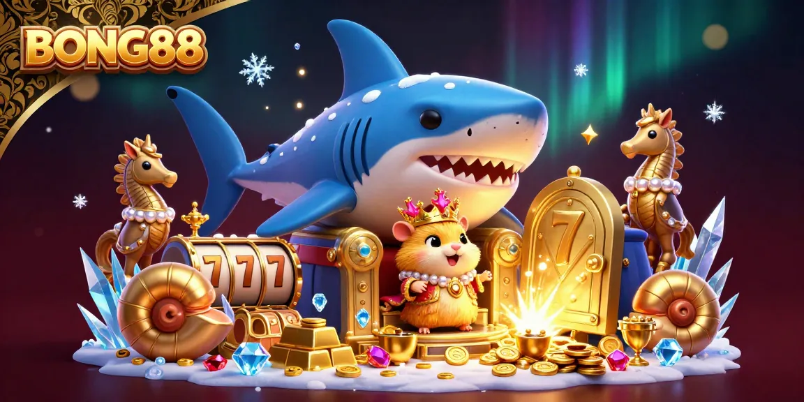 BONG88 showcases a golden hamster king in a megalodon throne, surrounded by treasures and slot elements.