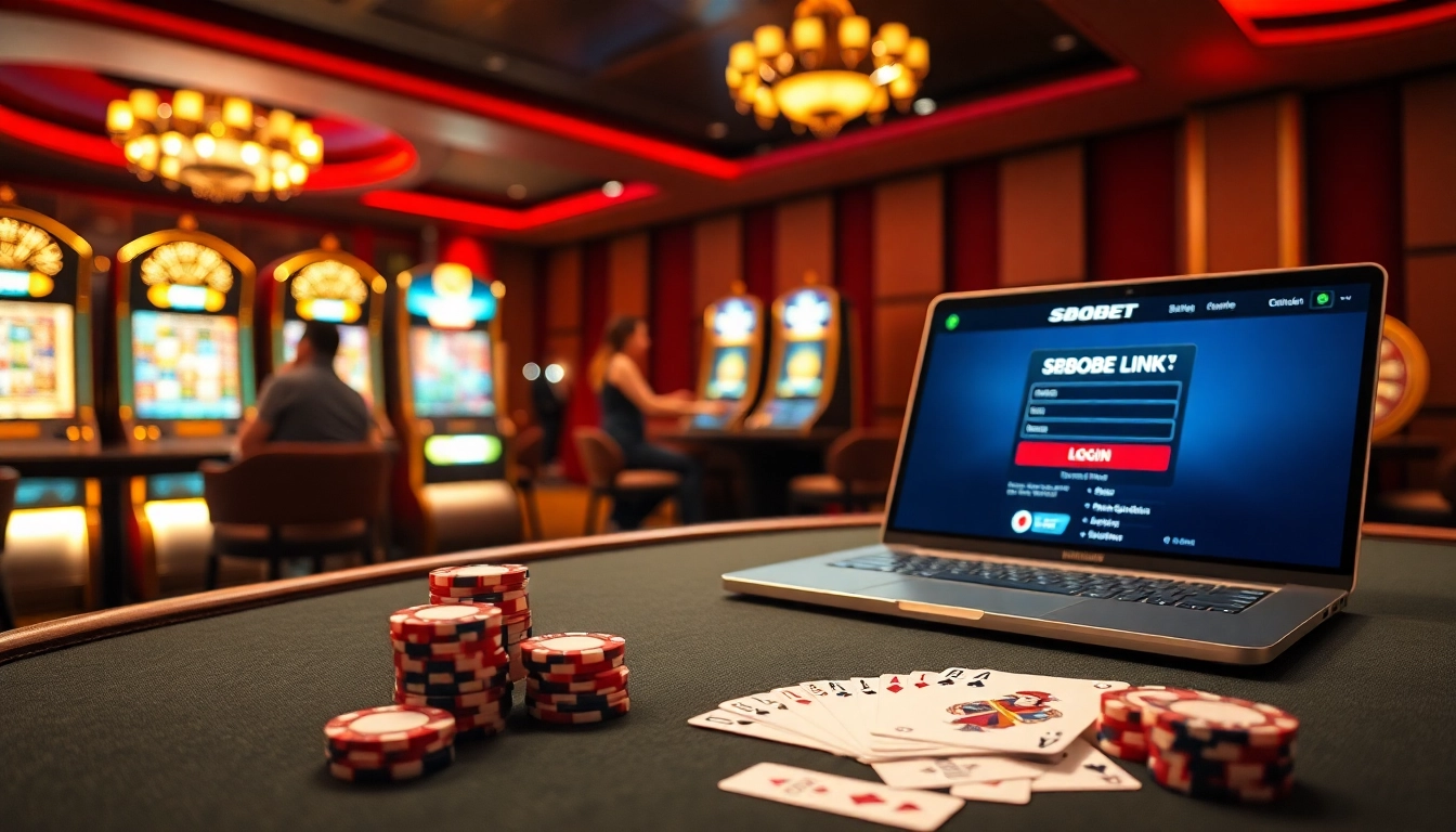SBOBET link login screen displayed on a laptop amidst vibrant casino elements, inviting excitement for gamblers.