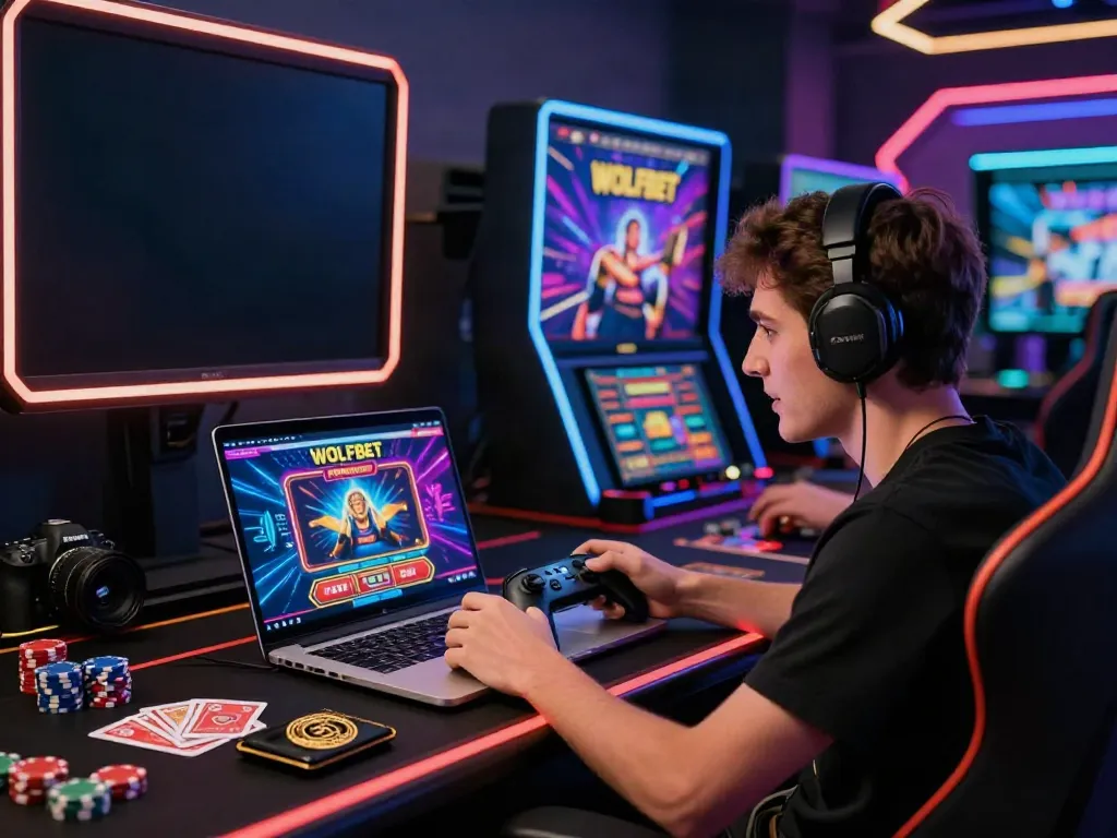 Engaging gaming environment with player using the Wolfbet Promotions Page on laptop, vibrant casino graphics, and gaming accessories.