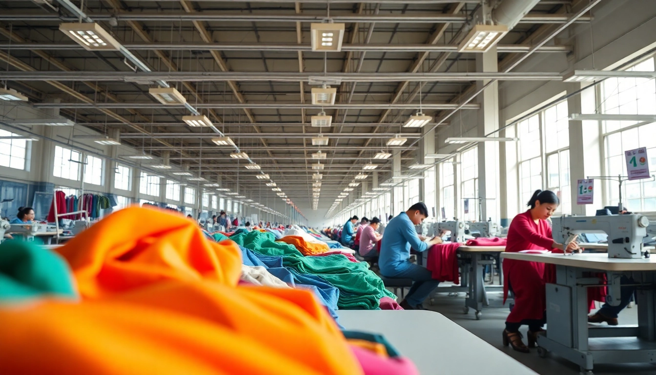 Garment suppliers in China showcasing a vibrant manufacturing process inside a busy factory environment.