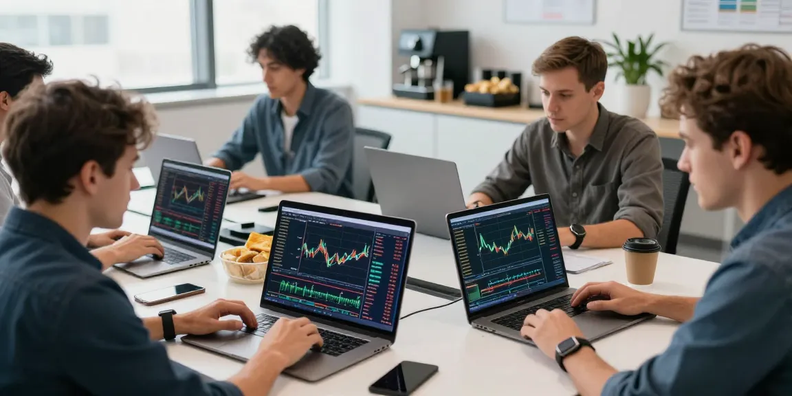 Диверсифицированная группа трейдеров анализирует отзывы bitmex на рынке криптовалют в ярком офисе.