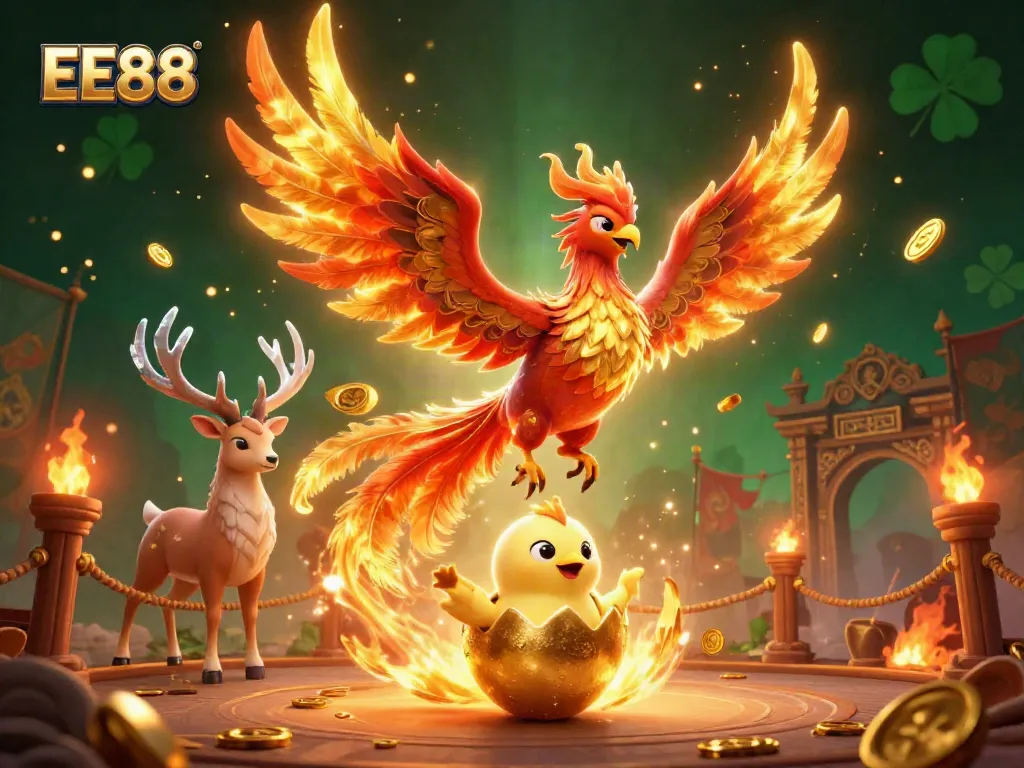 EE88 showcases a vibrant phoenix and mystical stag in an energetic casino-themed illustration.