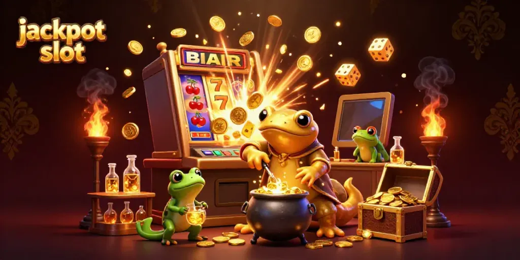 Engage in jackpot slot excitement with a vibrant scene featuring a golden alchemist and magical symbols.
