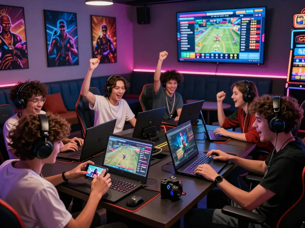 Luckywin gaming lounge with diverse players enjoying exciting online games on multiple devices.