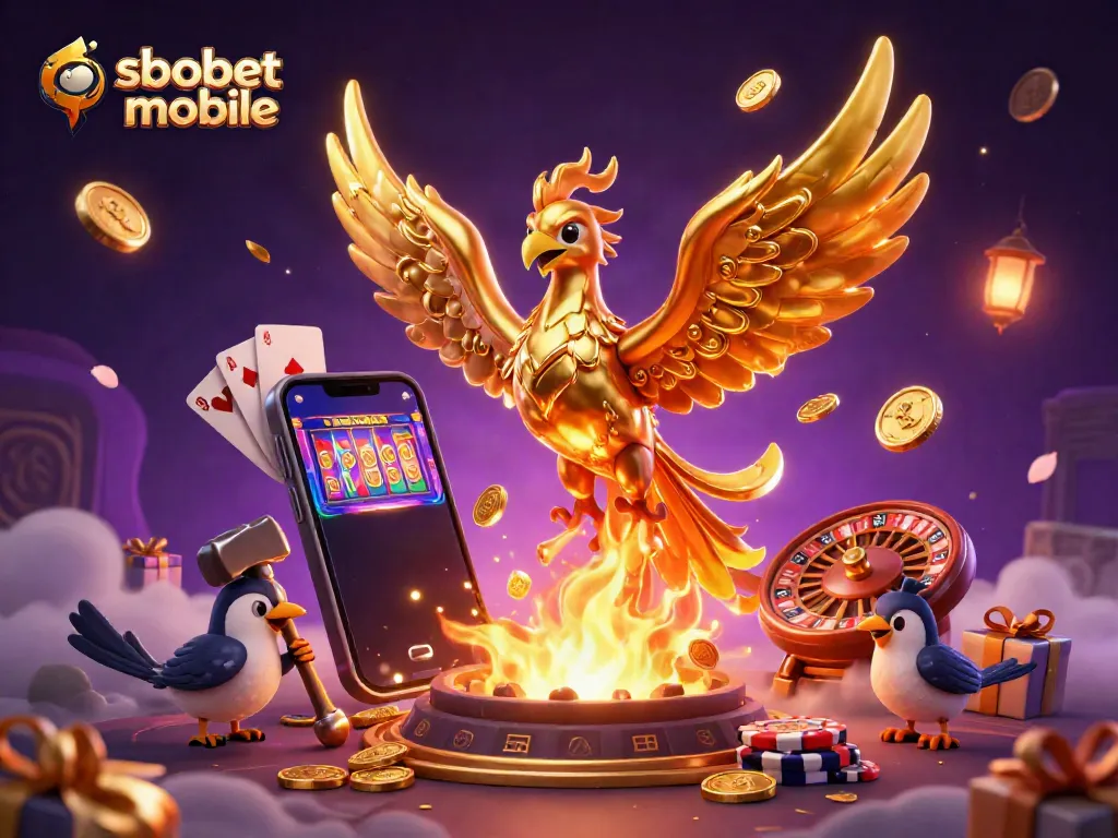 Bet on sbobet mobile with a golden phoenix and gaming elements exploding in an ultra-detailed 3D scene.
