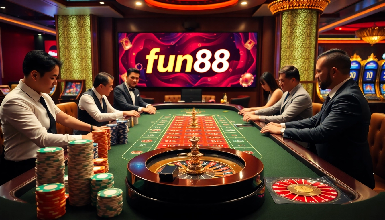 Exciting scene of a baccarat table with fun88 branding amid colorful chips and a live dealer.