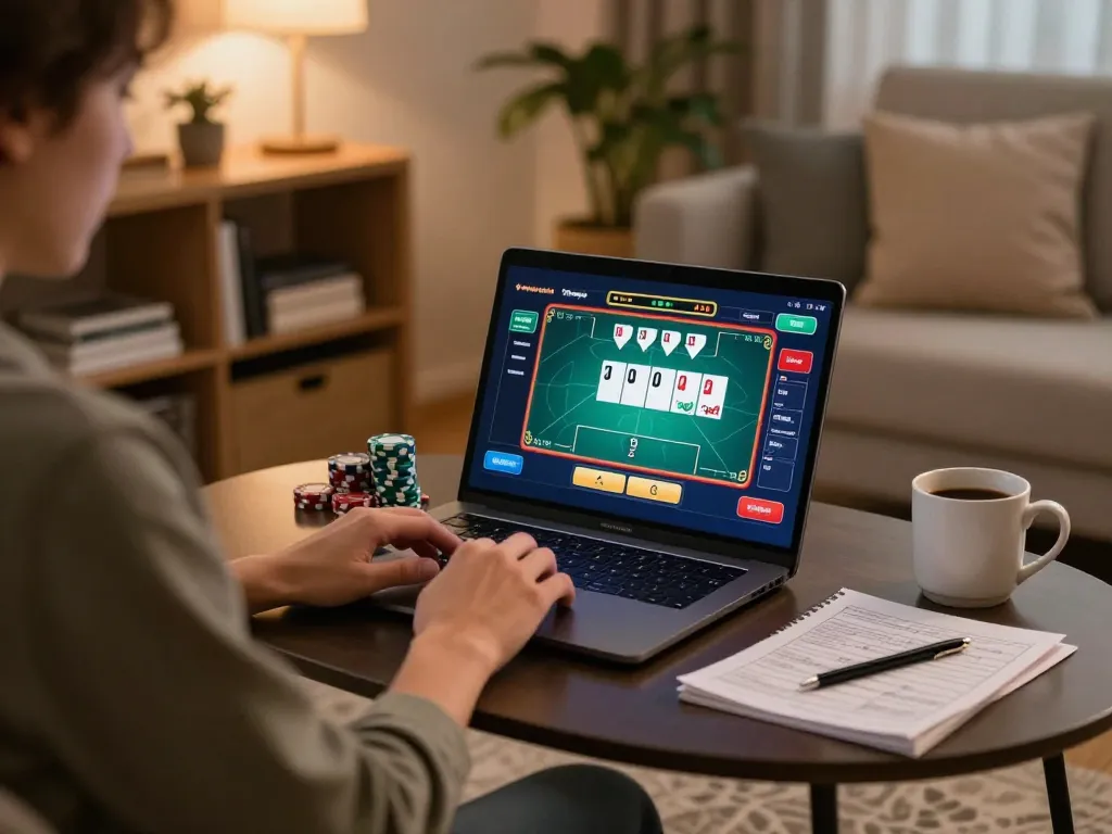 Ligalgo user engaged in a strategic online poker game at home, showcasing a cozy gaming environment.