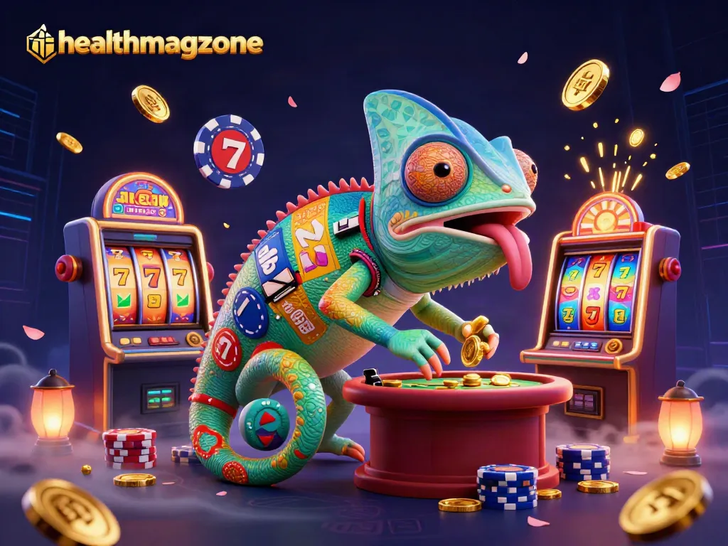 Healthmagzone menampilkan ilustrasi kasino romantis dengan chameleon pemilik kasino yang menikmati momen jackpot.