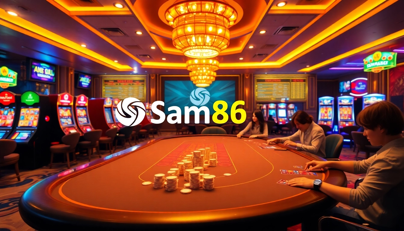 Players enjoying games at Sam86's online casino with vibrant slot machines and poker tables.