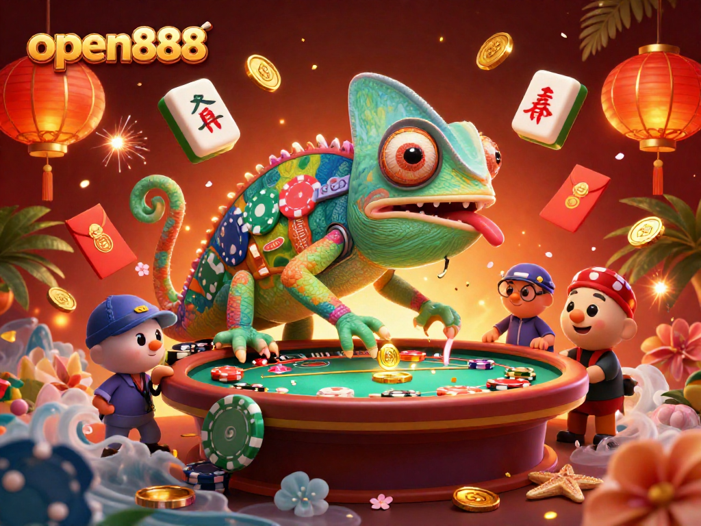 See open888 chameleon casino owner collecting golden coins amidst vibrant gaming elements.