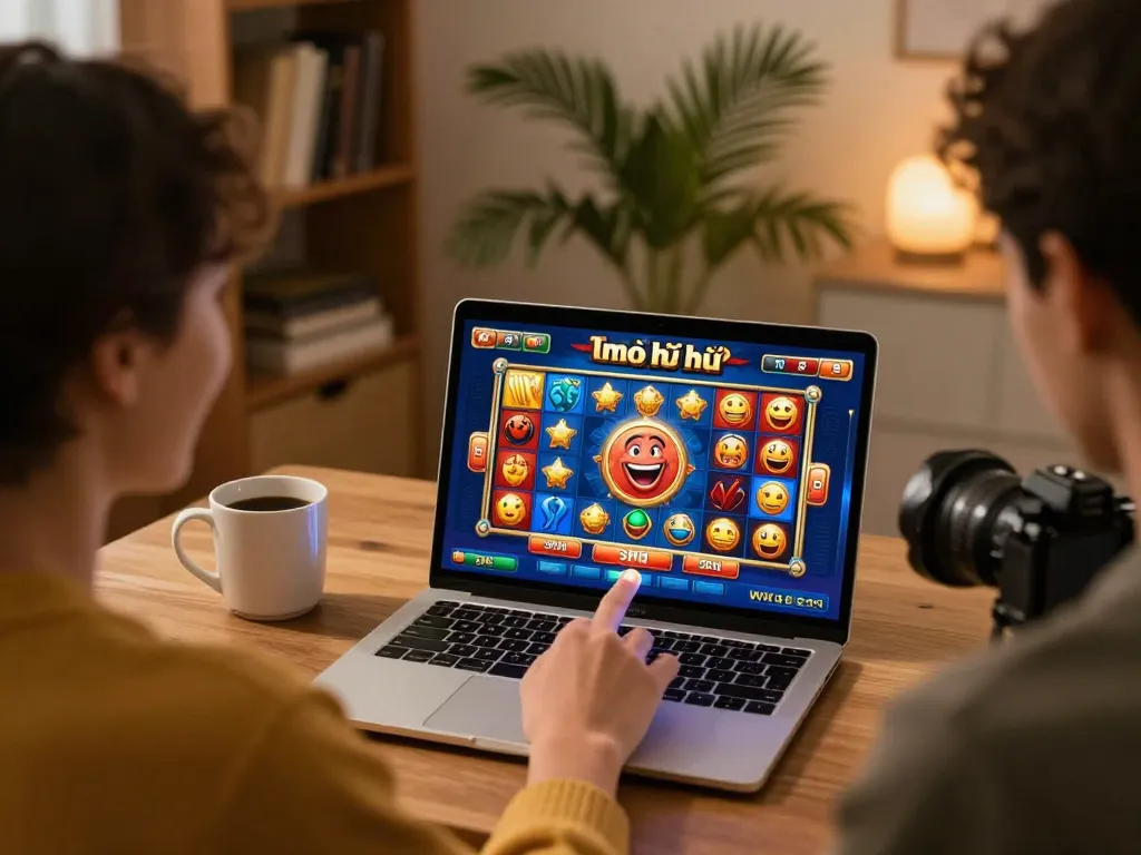 Player actively engaging in nổ hũ online slot gameplay, joyful expression and cozy atmosphere