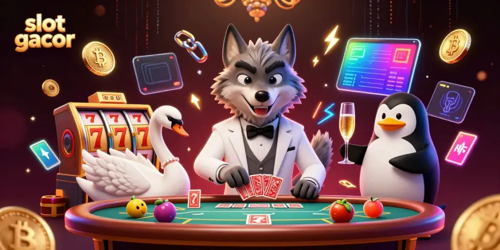 Menggulung gulungan slot gacor dengan mata uang crypto yang bersinar di latar belakang mewah.