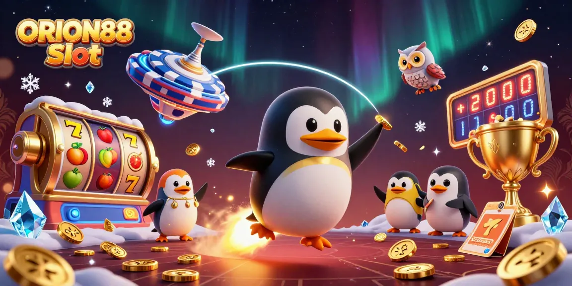 Experience the thrill of ORION88 Slot with captivating animations of a golden penguin in space.
