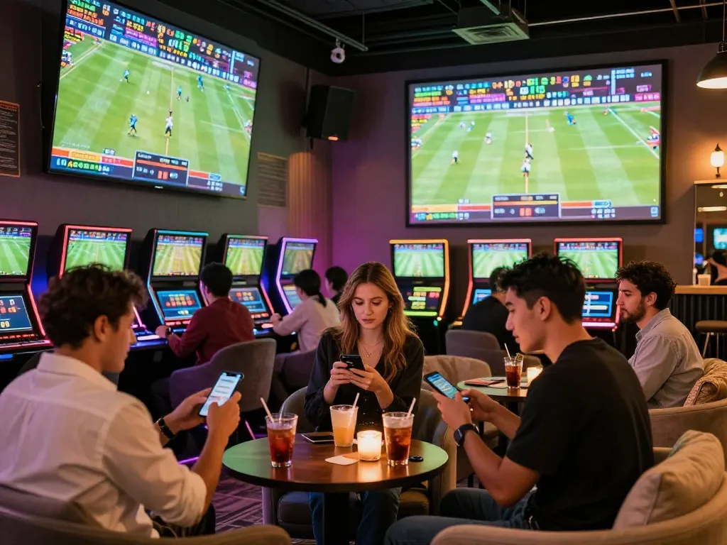 Engaged bettors analyzing odds at a sports lounge, showcasing excitement in LGOGOAL.