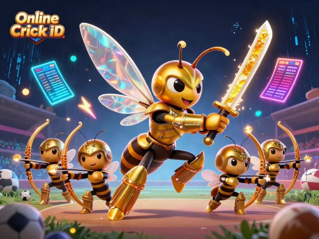 Engage in thrilling cricket betting with a vibrant Online Cricket ID scene featuring a golden hornet and sports elements.