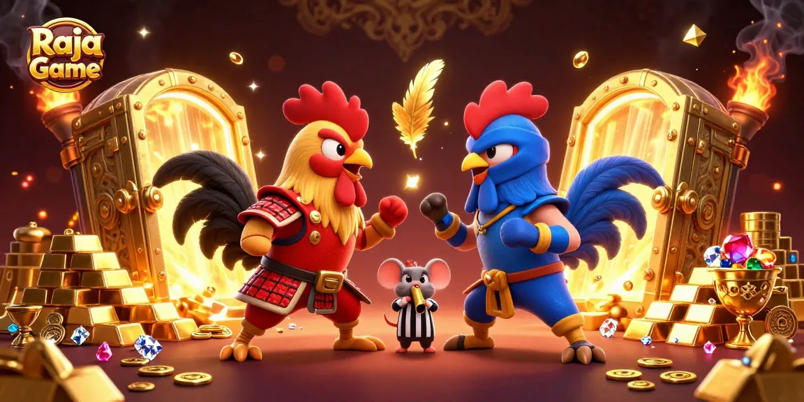 Raja Game roosters in samurai and ninja gear engage in a thrilling showdown amidst sparkling treasures.