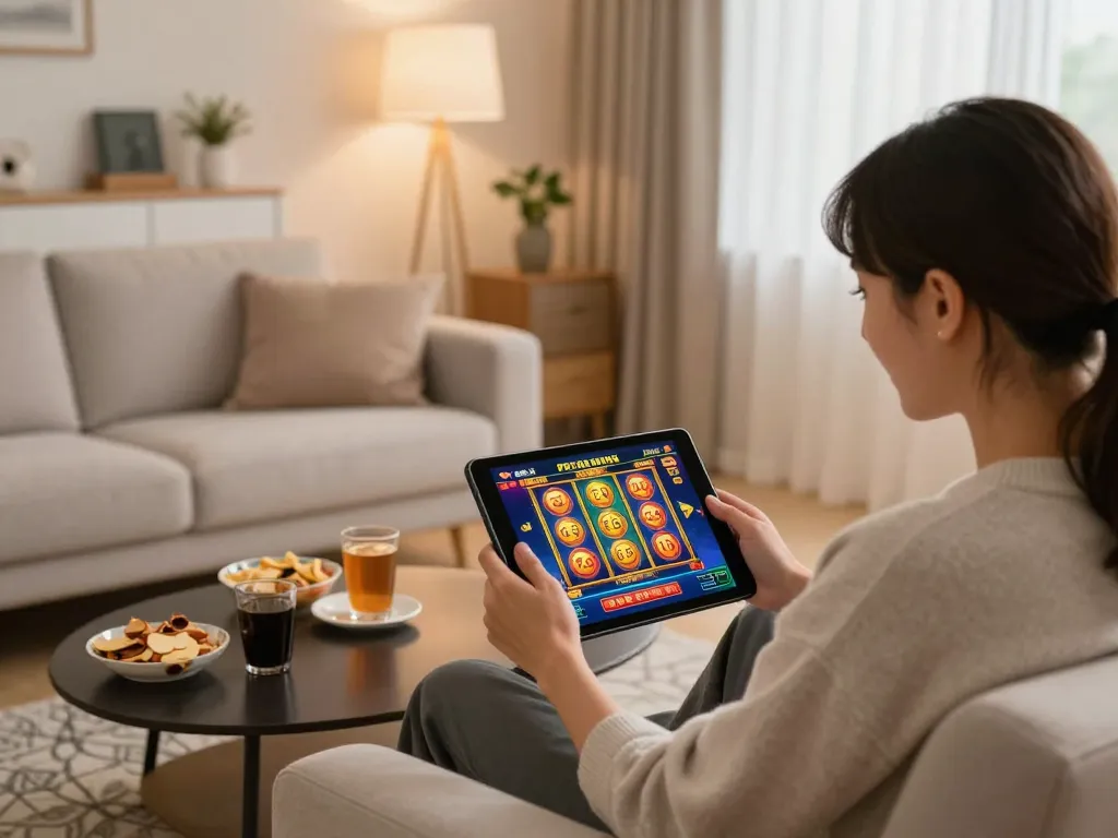 Bermain slot pulsa yang menarik di tablet dengan dekorasi rumah yang meningkatkan suasana.
