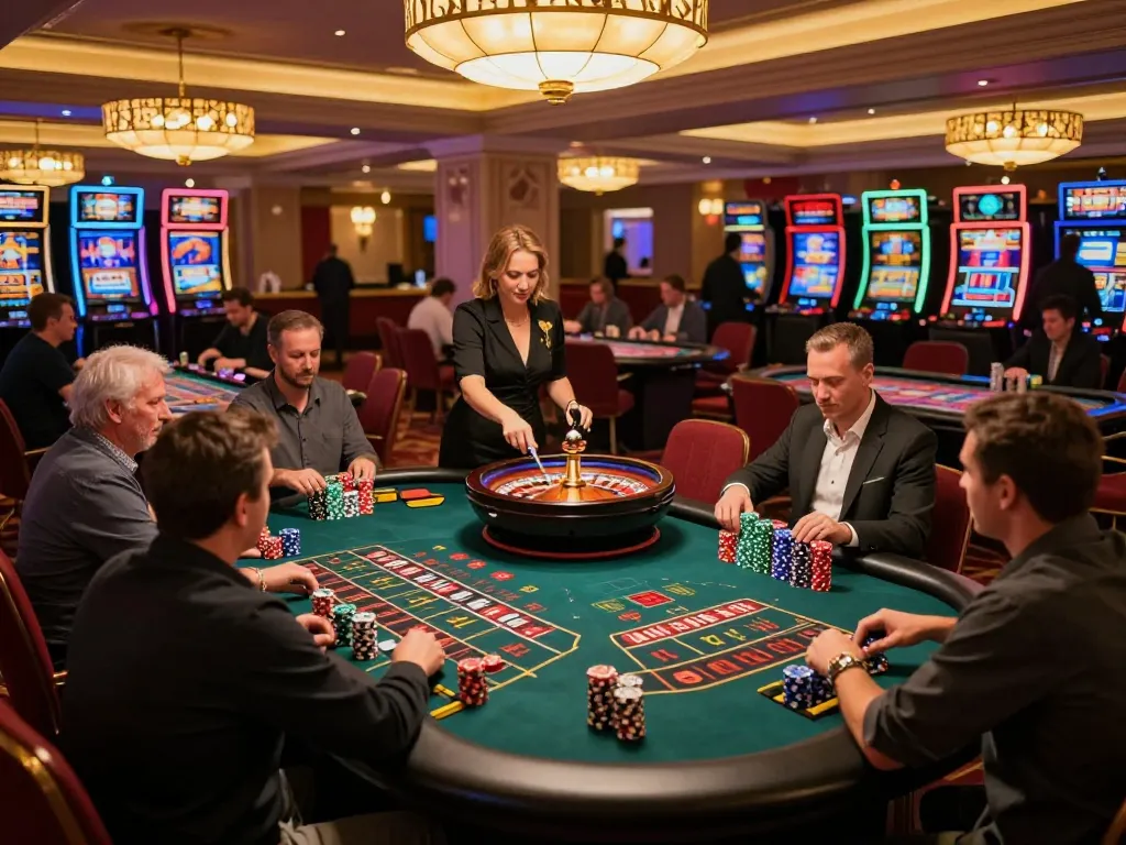 Players engaging in strategic betting at VB88 roulette tables in an upscale casino.