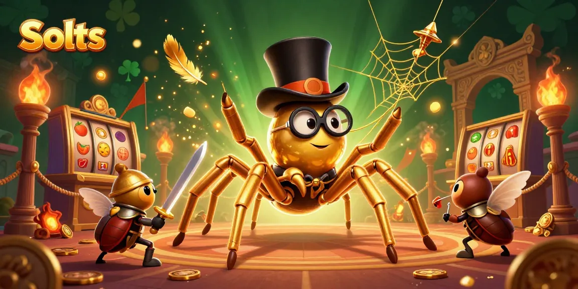 Engage in thrilling Slots with golden tarantulas and brave beetle knights in a dynamic casino scene.