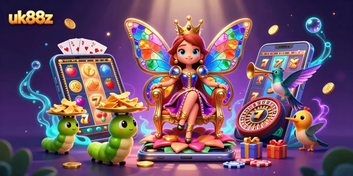 Experience engaging slot games with uk88z amidst vibrant characters and glittering casino elements.