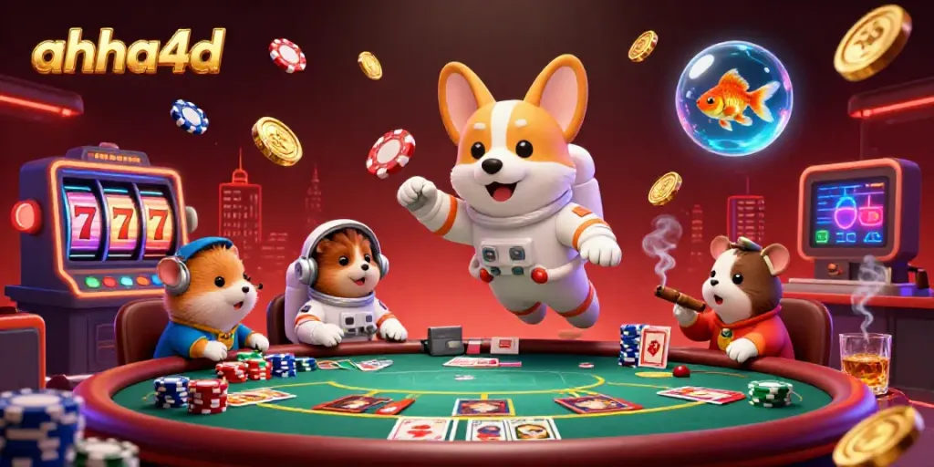 Karakter karikatur 3D dalam suasana kasino yang cerah, menampilkan ahha4d dengan slot jackpot dan koin emas mengalir.
