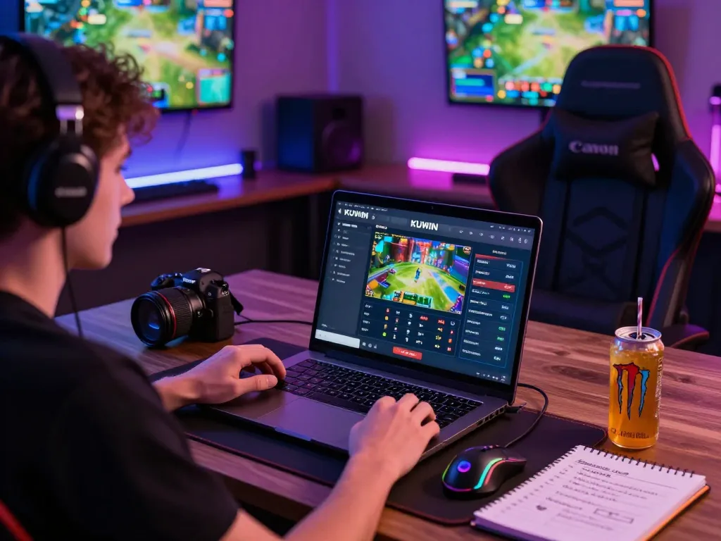 A player on https://kuwincom.net/ immersed in live betting, showcasing an energetic online gaming atmosphere with vibrant lighting.