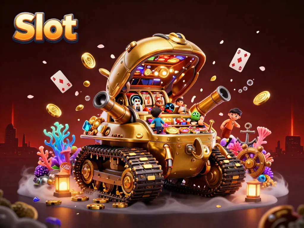 Slot dengan tank keong emas yang berisi kasino mini, dikelilingi harta karun dan elemen bermain.