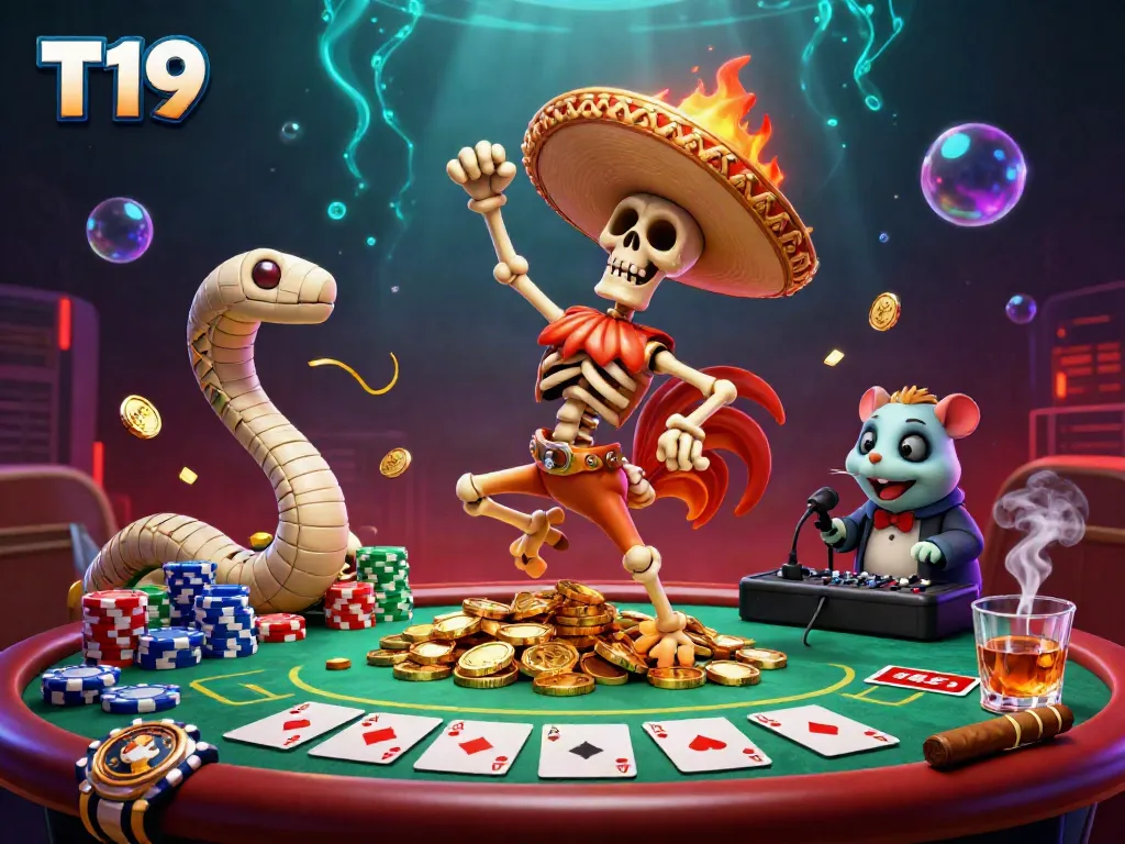 Engage with T19's vibrant casino atmosphere through a lively illustration showcasing a mariachi rooster, mummy snake, and zombie hamster DJ amidst poker elements.
