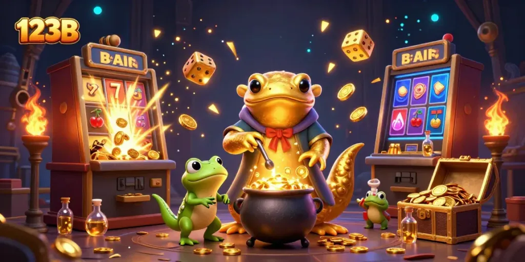 Experience exciting gaming at 123B with a charming alchemist and vibrant casino elements.