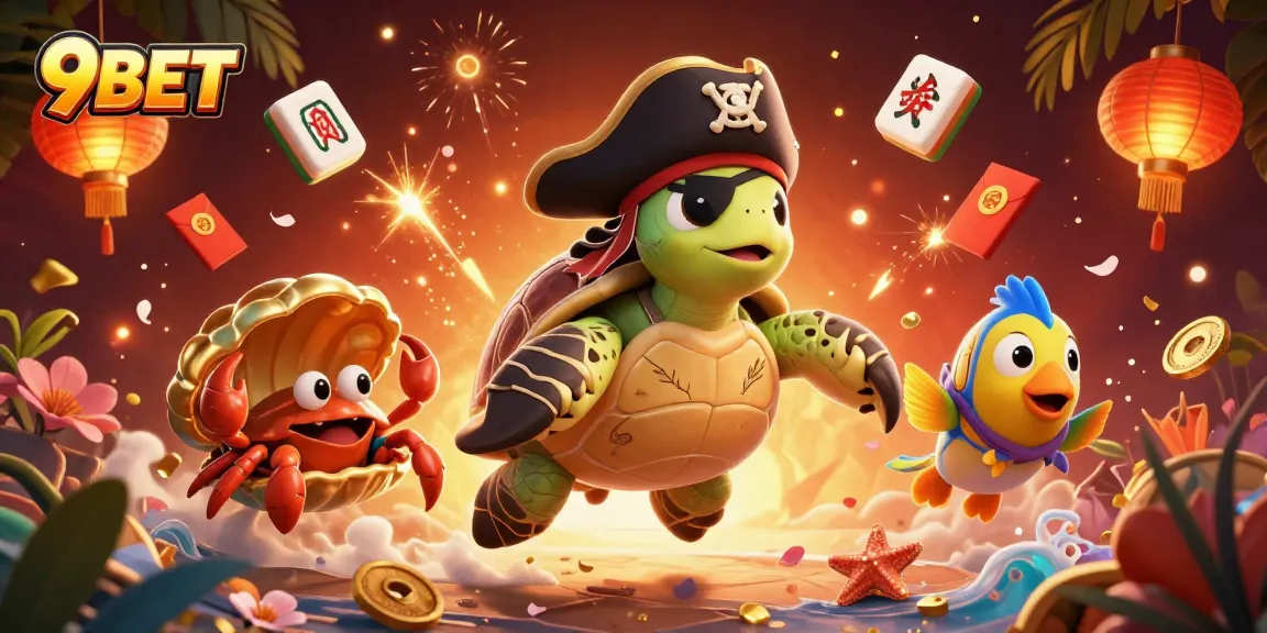 Engage with 9BET's vibrant gaming world featuring a pirate turtle, crab, and parrotfish.