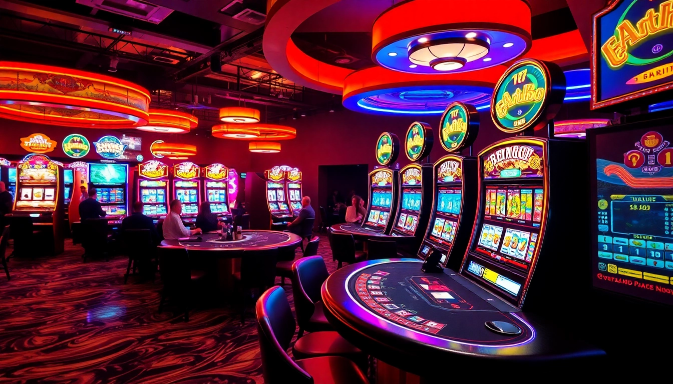 Experience the thrill of AT99 casino slot machines and games with vibrant lights and engaging atmosphere.