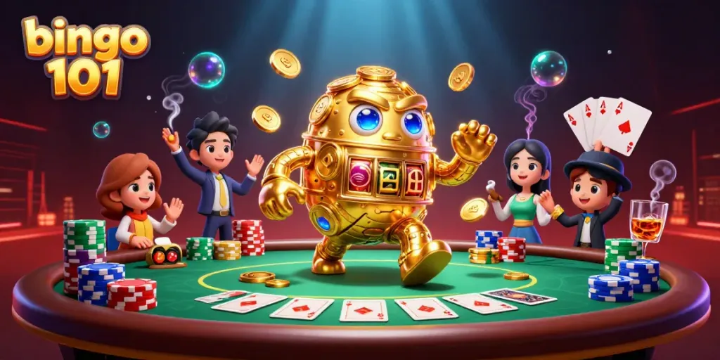 Experience the excitement of bingo 101 with a 3D golden golem, casino games, and vibrant color effects.