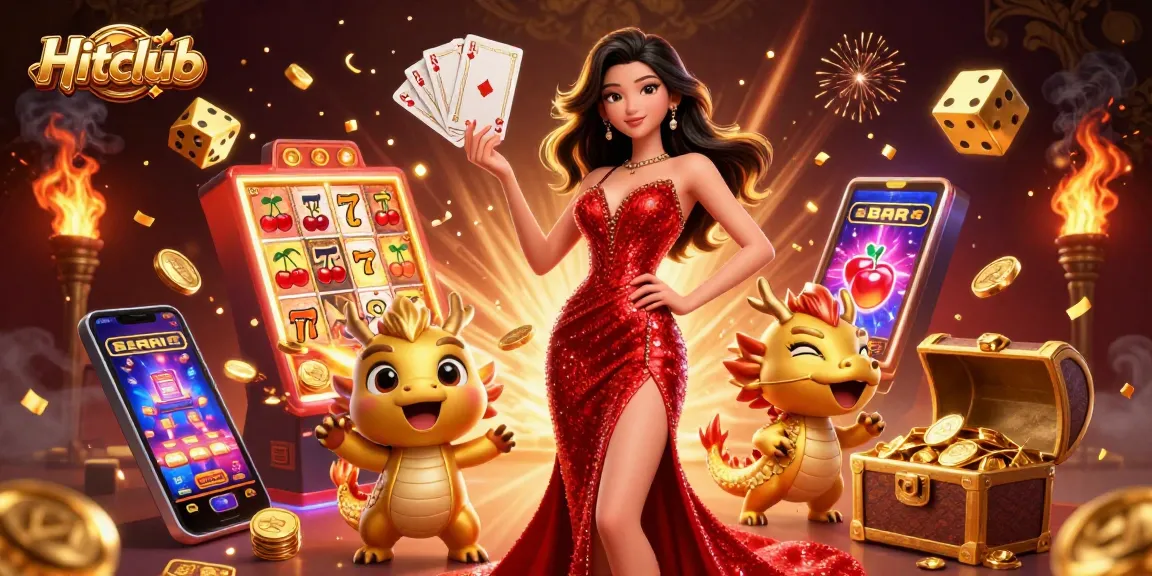 Engage with Hitclub's vibrant casino scene featuring a stunning lady, a golden dragon, and dynamic gambling elements.