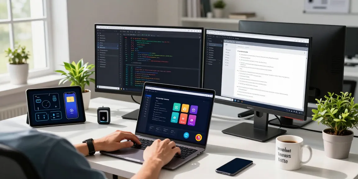 Développeur travaillant sur une application eSIM Global dans un bureau moderne avec des ordinateurs affichant des codes.