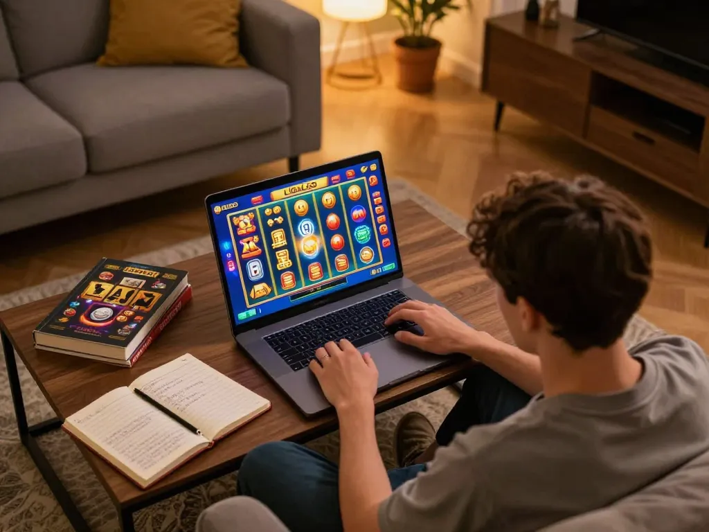 LIGALGO player engaged in a thrilling online slot game with vibrant graphics in a cozy home setting.