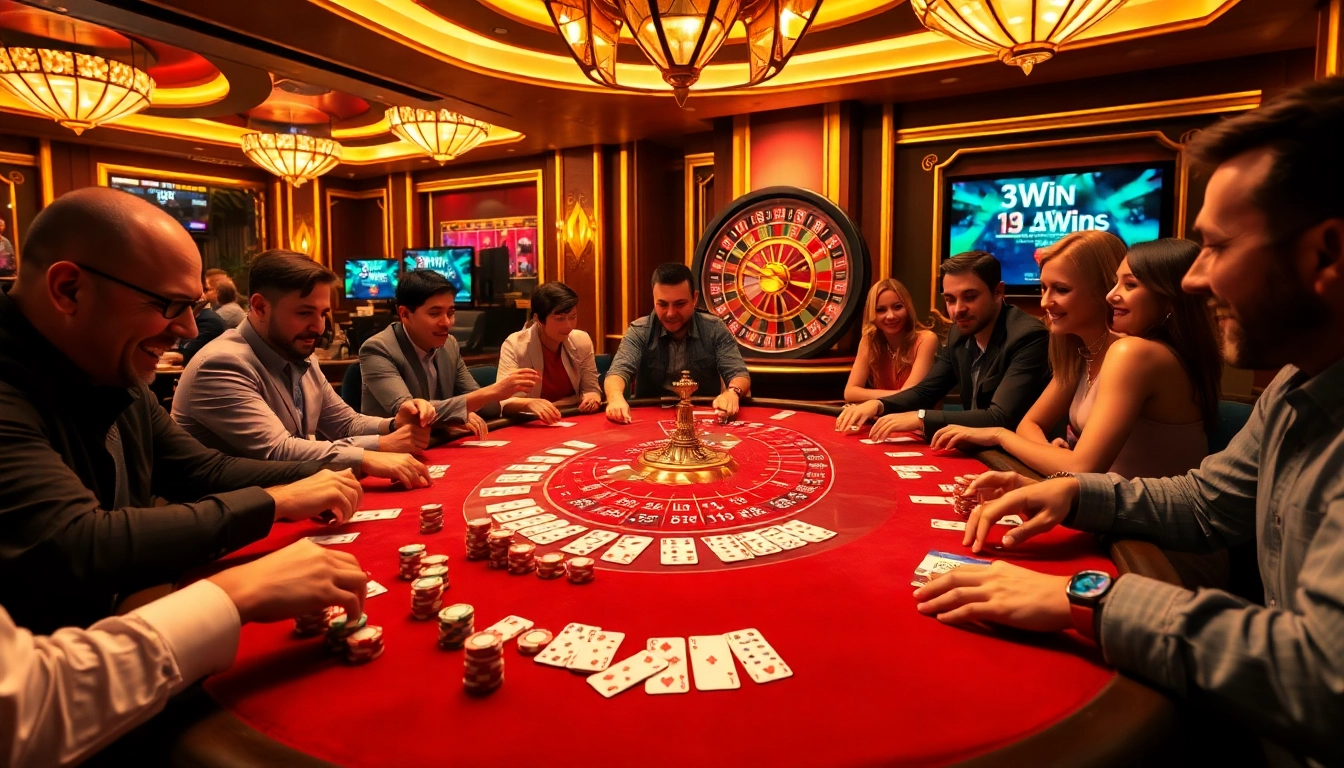 13Win players enjoying a thrilling poker game with colorful chips and cards on vibrant casino table.