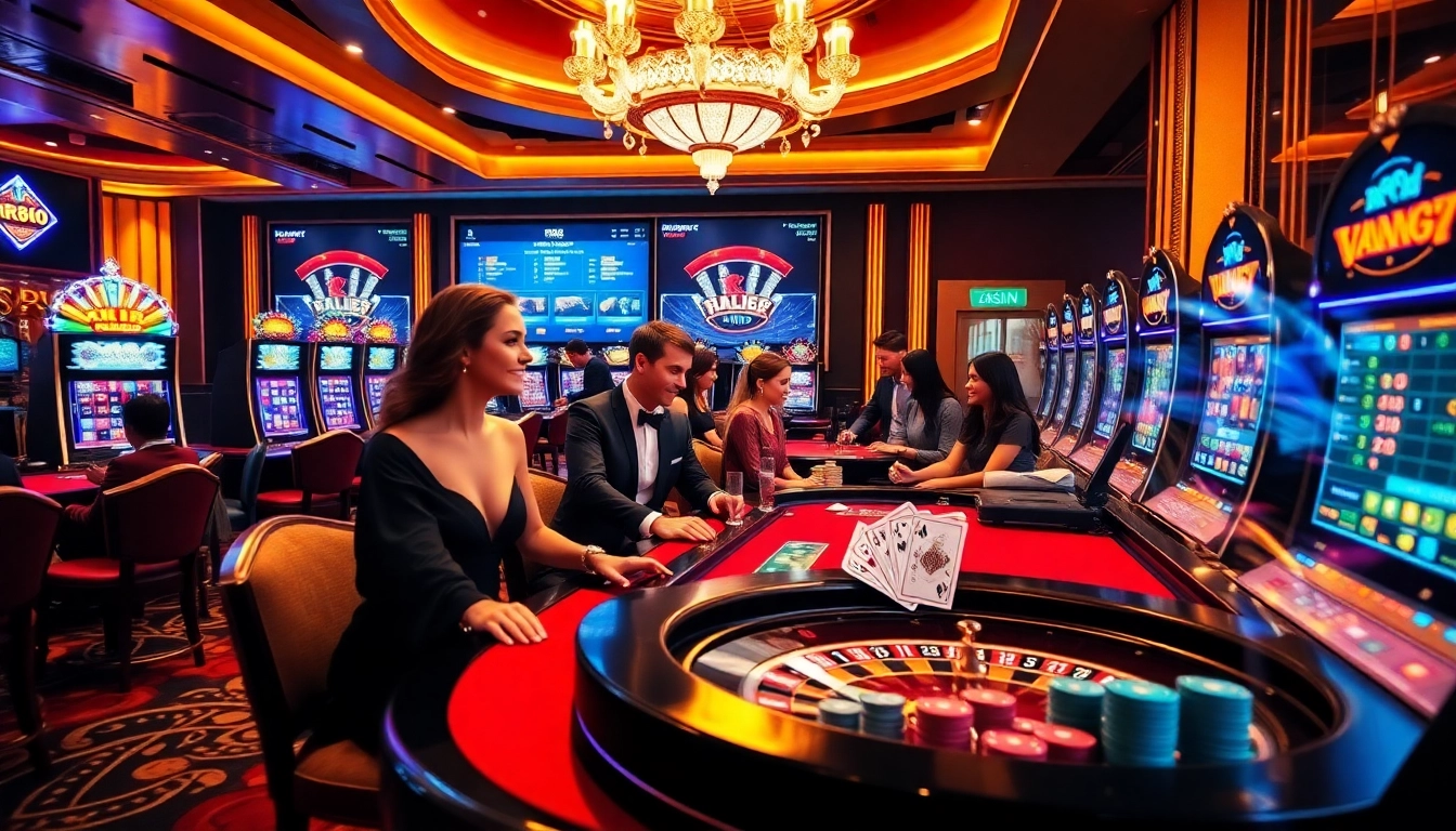 Players enjoying a thrilling gambling experience at RR88 casino with vibrant games and luxurious atmosphere.
