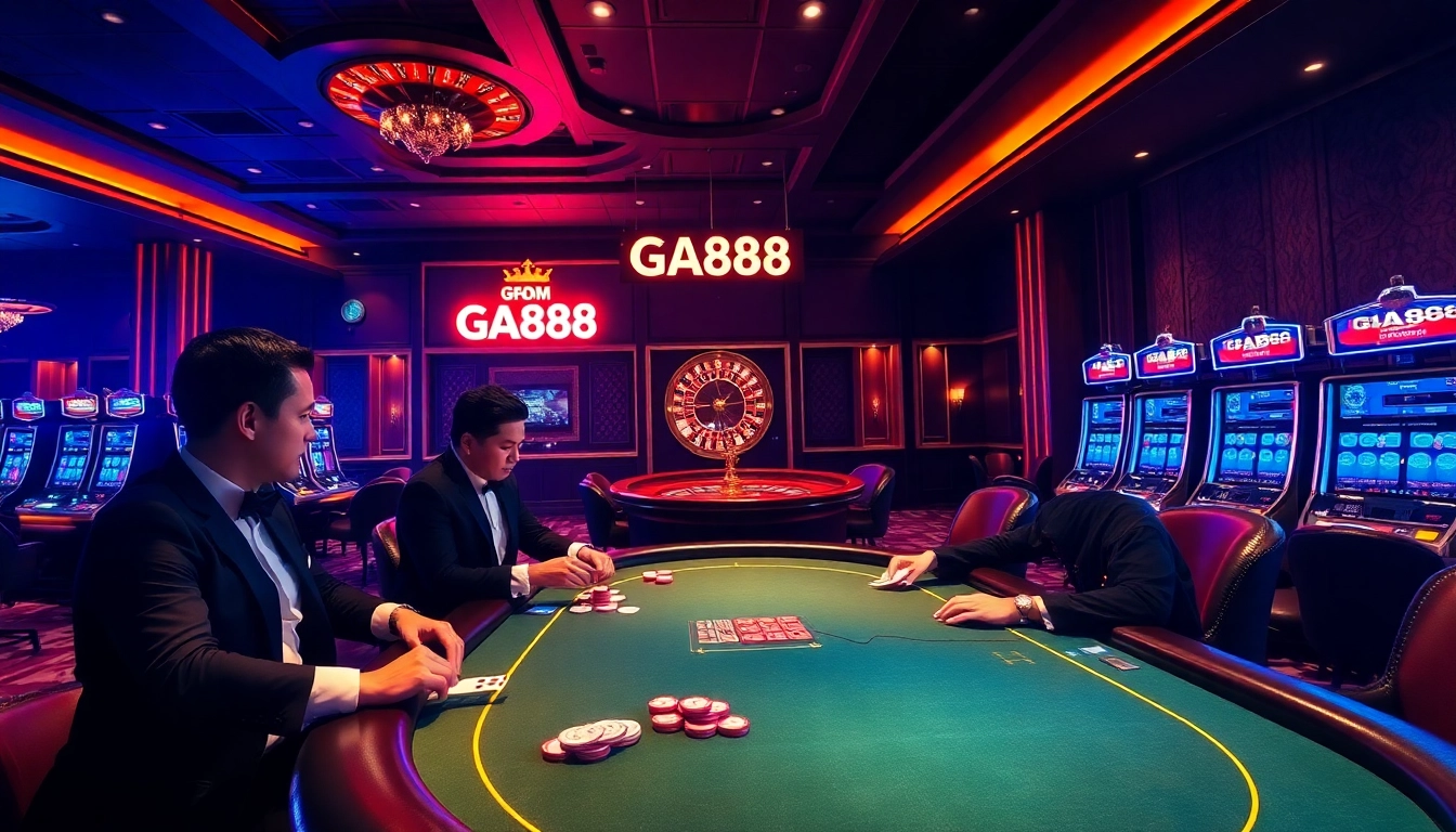 Experience the thrill at GA888's luxurious casino gaming setting with poker tables and slot machines.