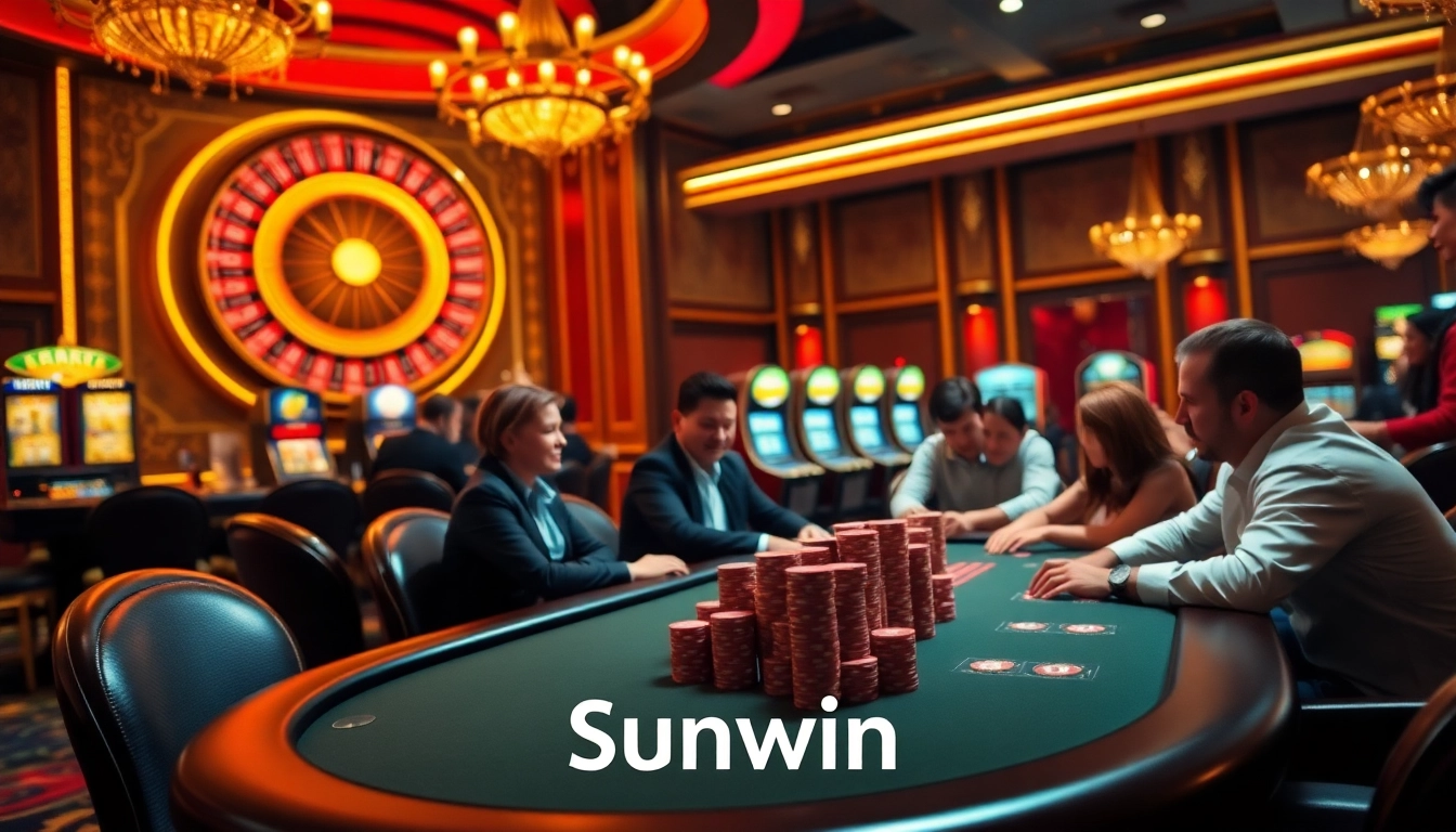 Excited players engaging in high-stakes poker at a luxurious Sunwin casino.