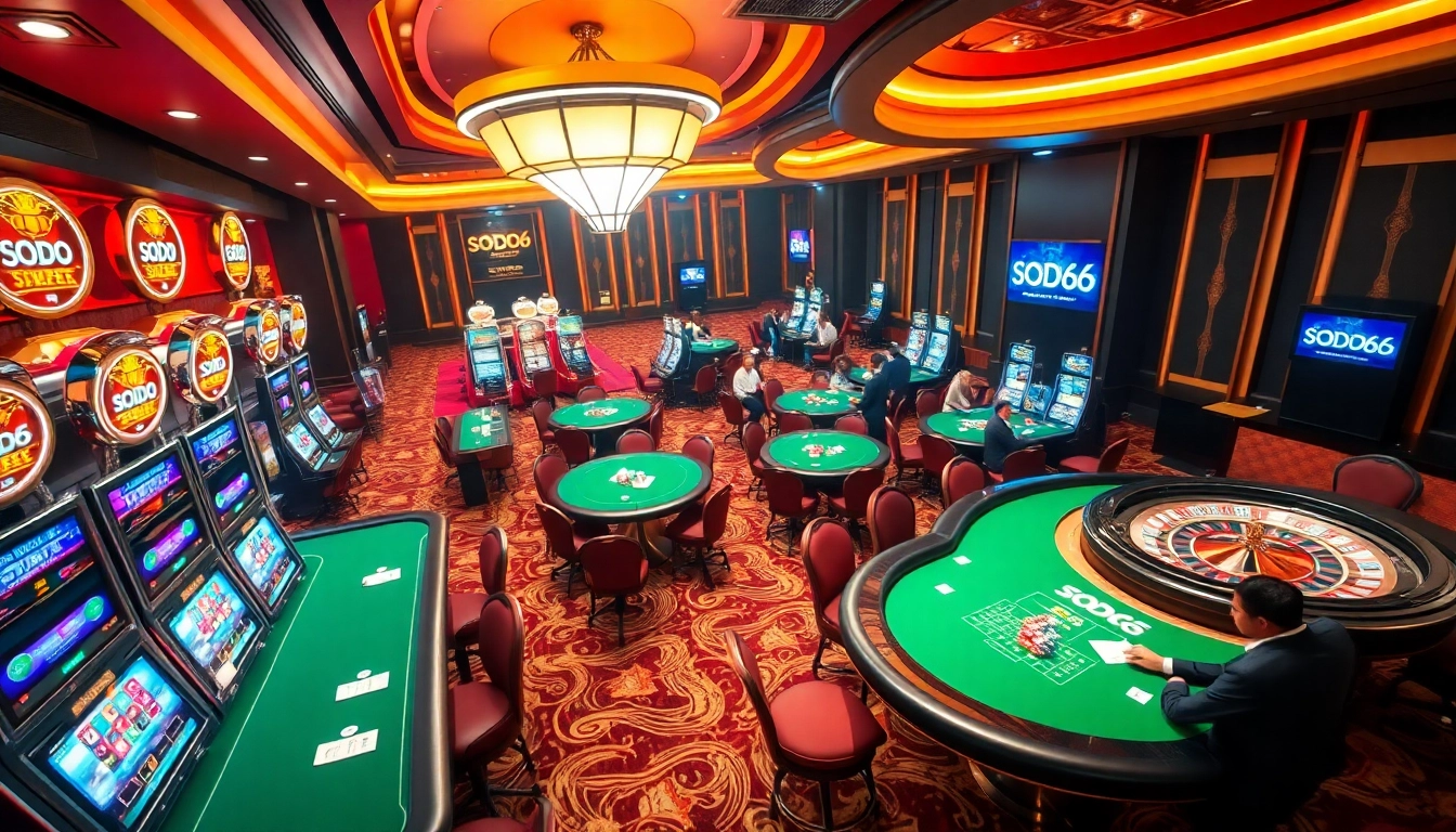 Experience SODO66 excitement with a captivating casino scene showcasing roulette and poker tables.
