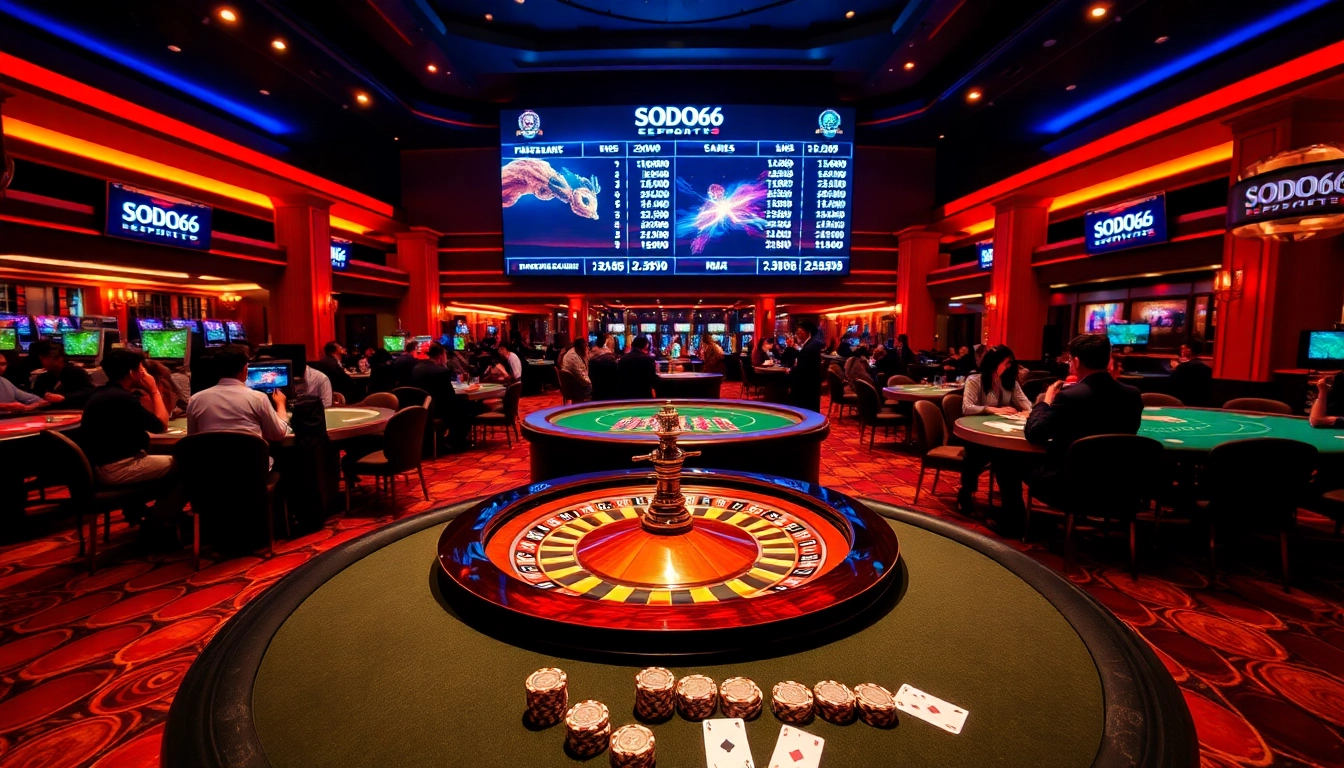SODO66 players enjoying an exciting game at a lavish casino table with vibrant decor.