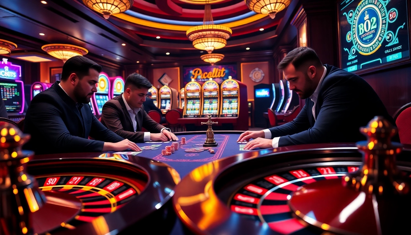 Action-packed gambling scene with players at a table and the interface of https://mm88.vin/ featured prominently.