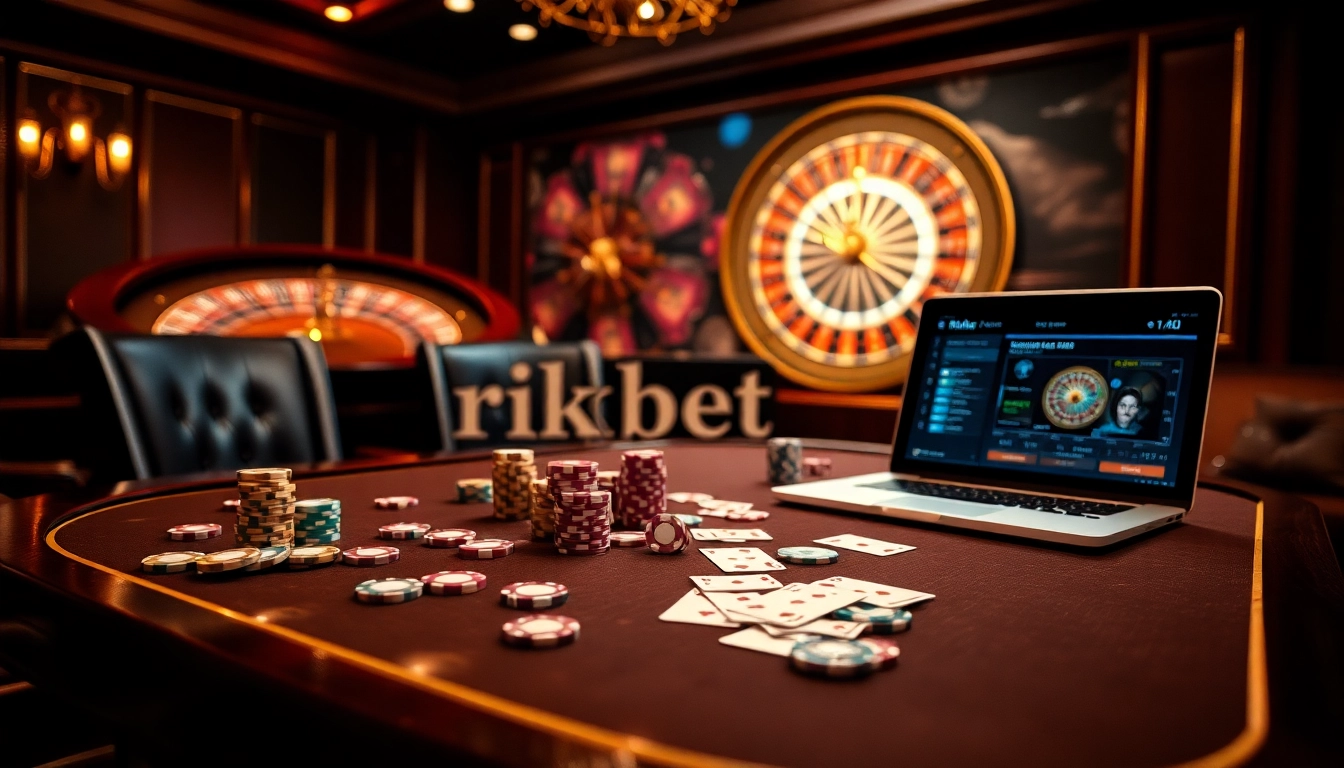 Experience the thrill of rikbet with vibrant casino tables, poker chips, and roulette in a luxurious setting.