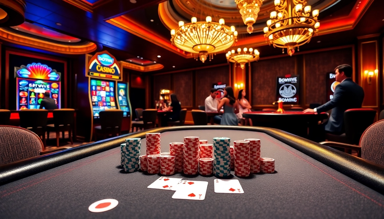 Experience thrilling gameplay at Bomwin's luxurious casino with poker chips and roulette.